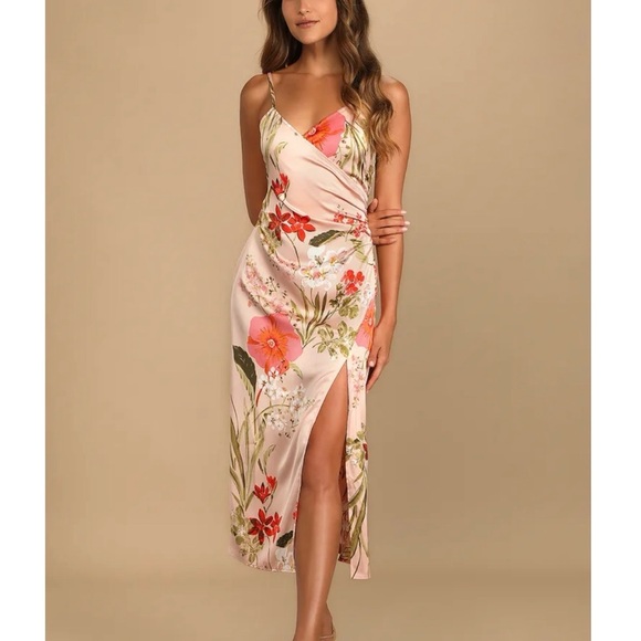 Lulus Dresses & Skirts - Lulus Remarkable Entrance Pink Floral Print Satin Midi Dress Prom Formal Party M